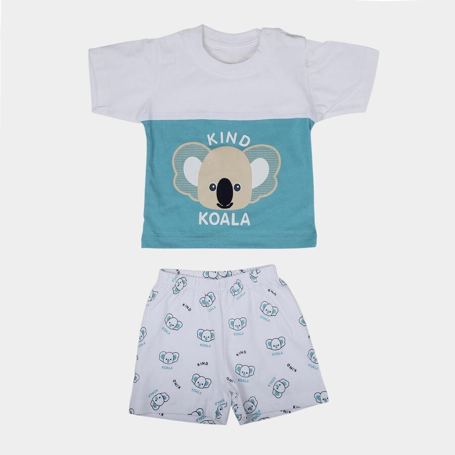 Infants Teal Blue Cotton Round Neck Koala Printed Baby Suit