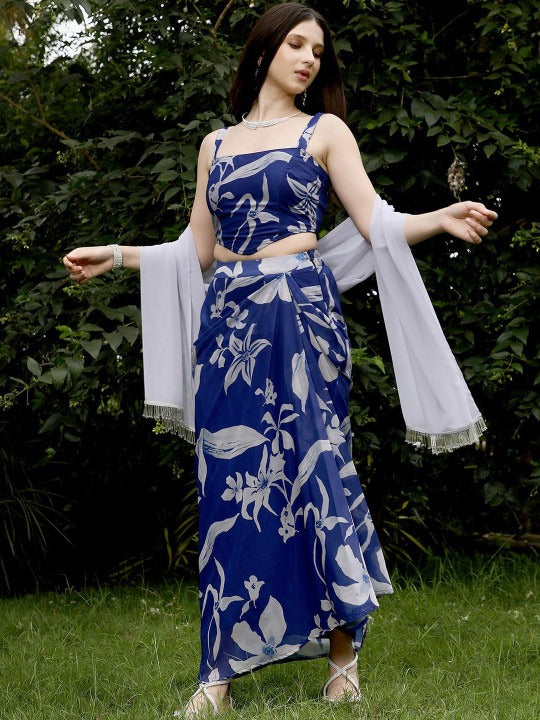 Blue and White Floral Printed Square Neck Top With Skirt Co-Ords