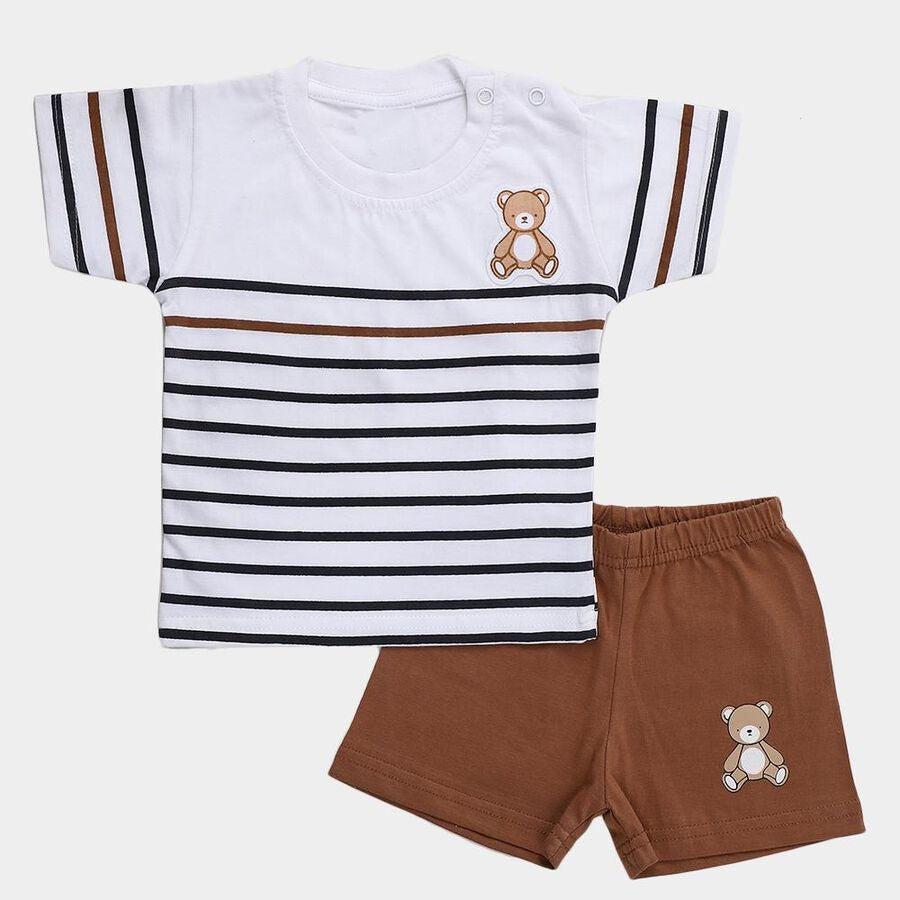 Infants' Beige Cotton Round Neck Striped Baba Suit