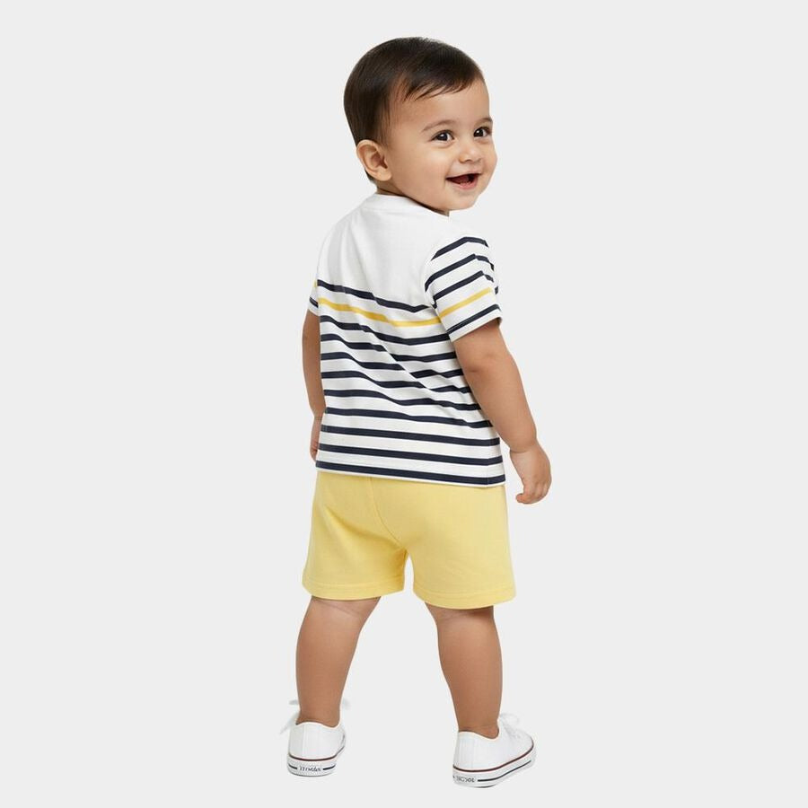 Infants' Yellow Cotton Round Neck Striped Baby Suit