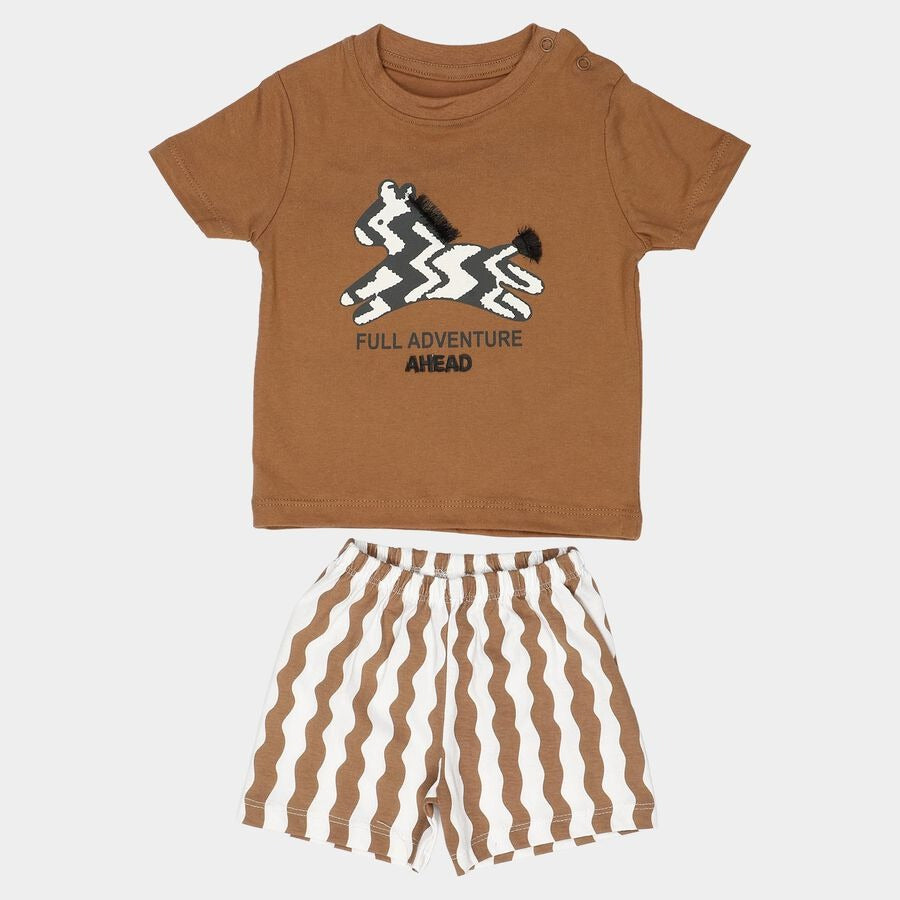 Brown Cotton Round Neck Graphic Print Baby Suit