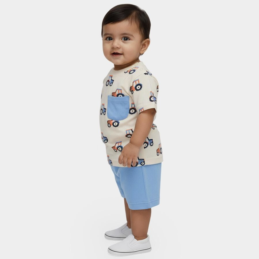 Infants' Blue Cotton Round Neck Tractor Printed Baby Suit