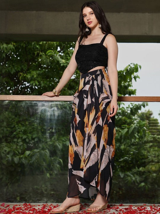 Printed Square Neck Top With Skirt Co-Ords