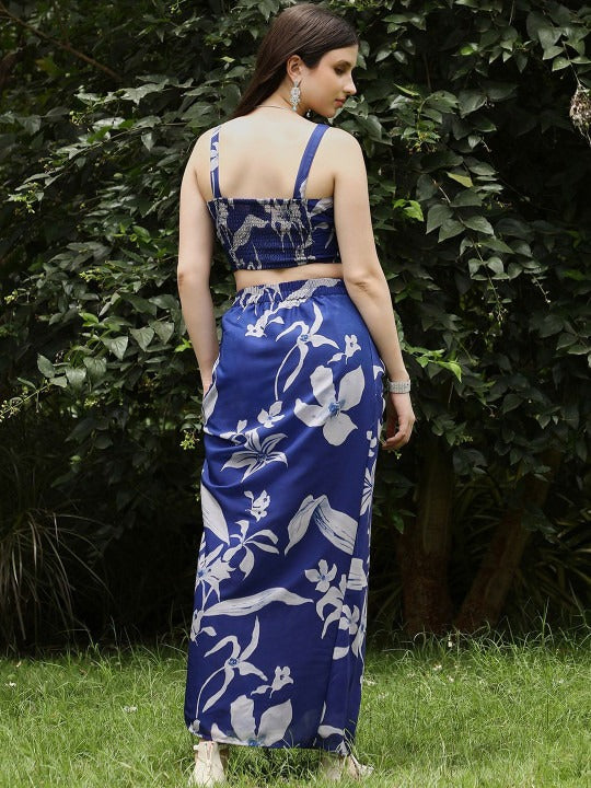 Blue and White Floral Printed Square Neck Top With Skirt Co-Ords