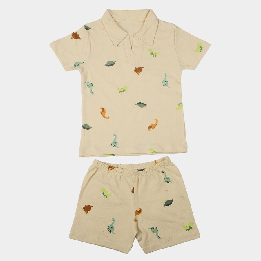 Infants' Off White 100% Cotton Polo Neck Dinosaur Printed Baby Suit