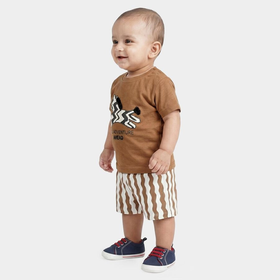 Brown Cotton Round Neck Graphic Print Baby Suit