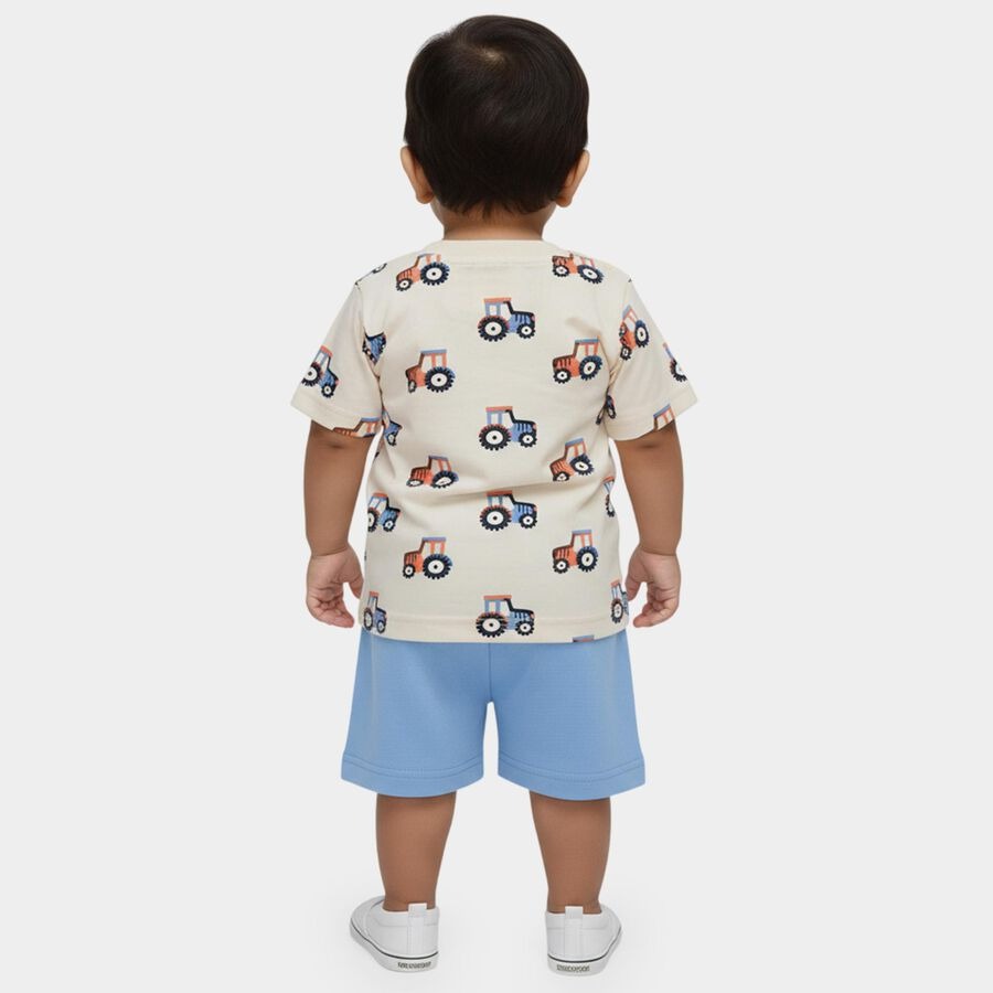 Infants' Blue Cotton Round Neck Tractor Printed Baby Suit