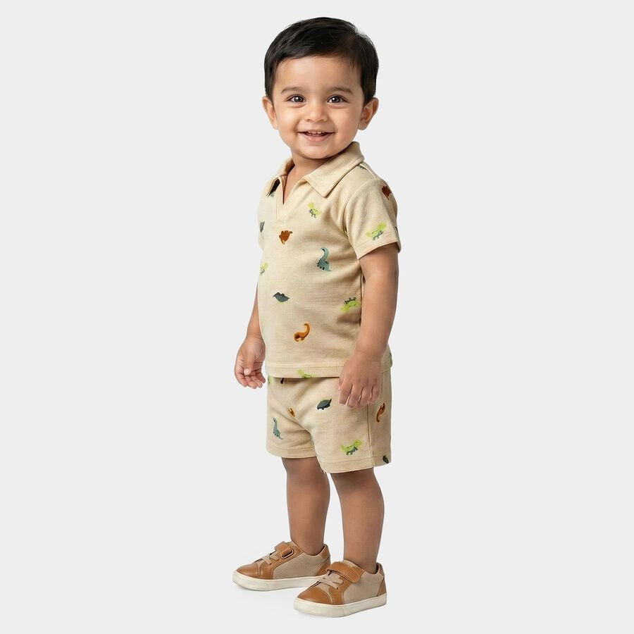 Infants' Off White 100% Cotton Polo Neck Dinosaur Printed Baby Suit
