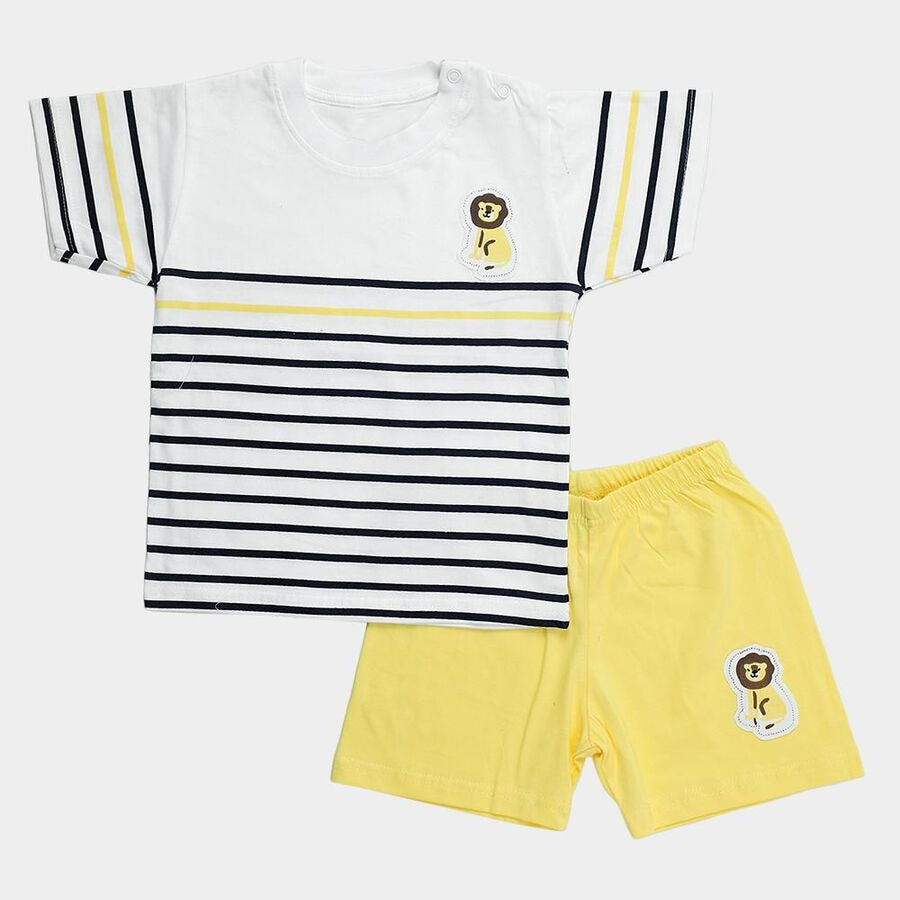 Infants' Yellow Cotton Round Neck Striped Baby Suit