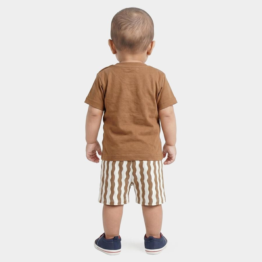 Brown Cotton Round Neck Graphic Print Baby Suit