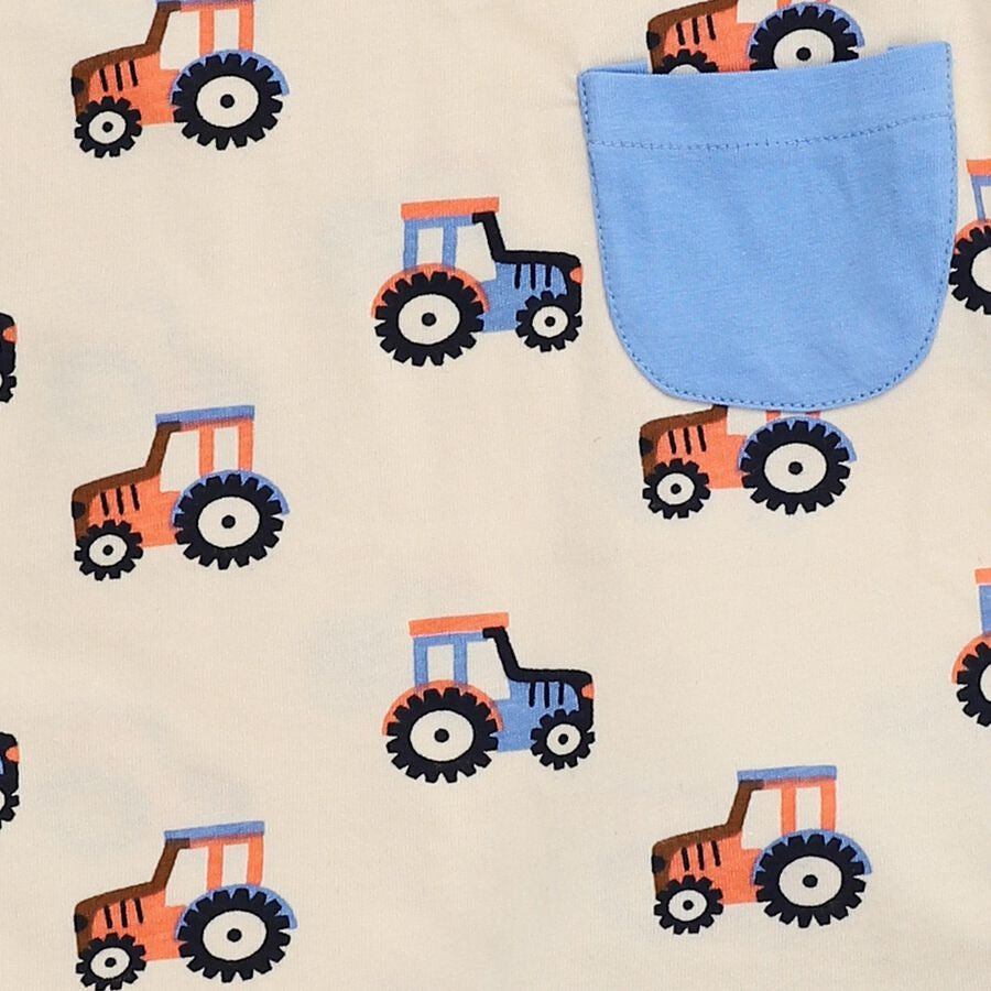 Infants' Blue Cotton Round Neck Tractor Printed Baby Suit