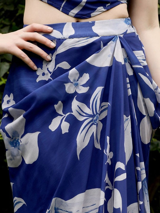 Blue and White Floral Printed Square Neck Top With Skirt Co-Ords