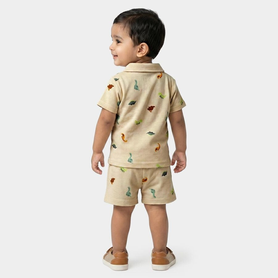 Infants' Off White 100% Cotton Polo Neck Dinosaur Printed Baby Suit