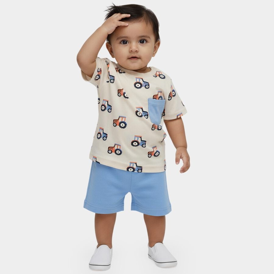 Infants' Blue Cotton Round Neck Tractor Printed Baby Suit