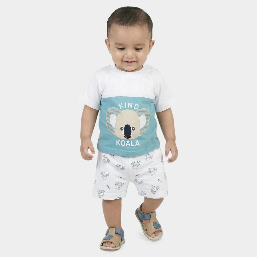 Infants Teal Blue Cotton Round Neck Koala Printed Baby Suit