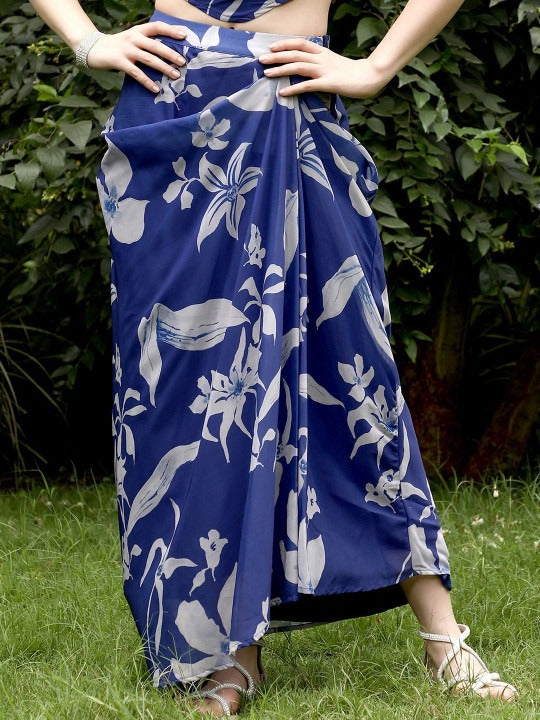 Blue and White Floral Printed Square Neck Top With Skirt Co-Ords