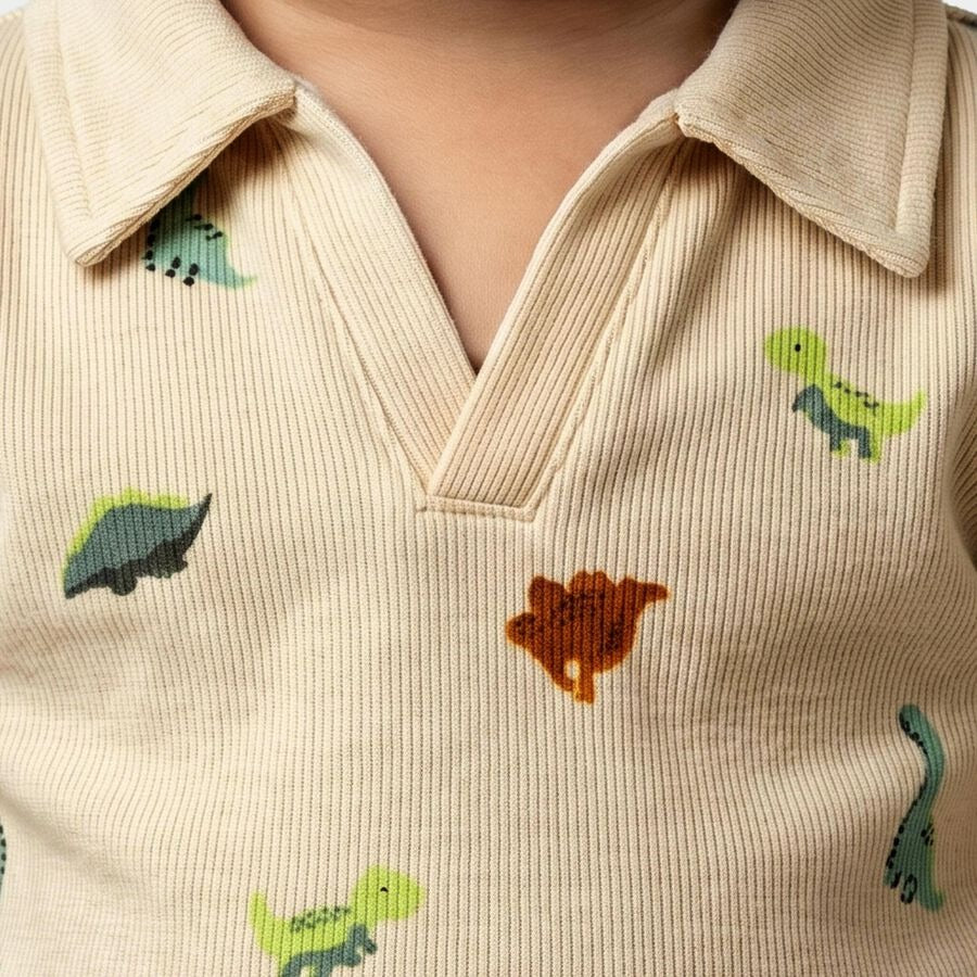 Infants' Off White 100% Cotton Polo Neck Dinosaur Printed Baby Suit