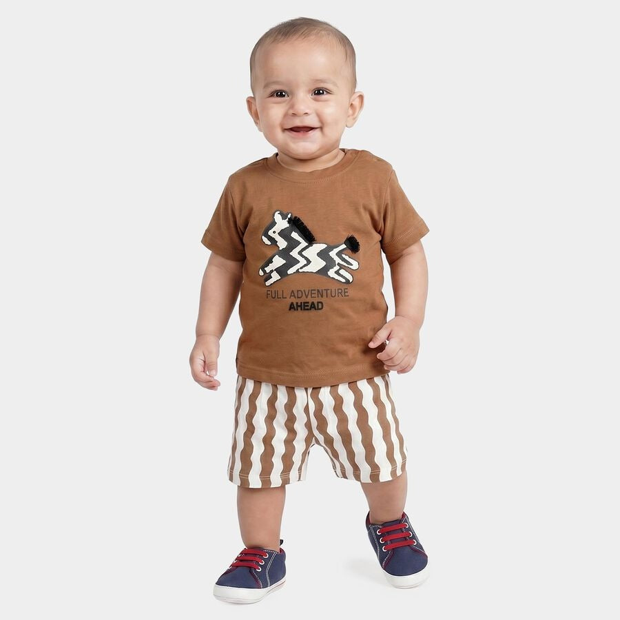 Brown Cotton Round Neck Graphic Print Baby Suit