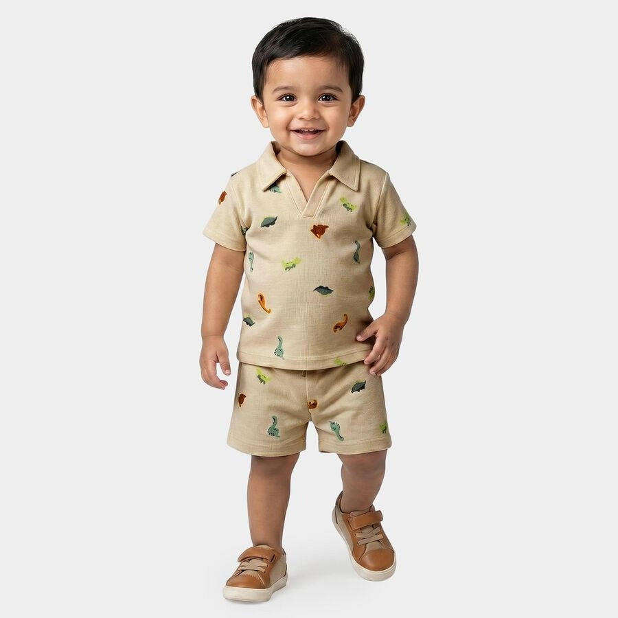 Infants' Off White 100% Cotton Polo Neck Dinosaur Printed Baby Suit