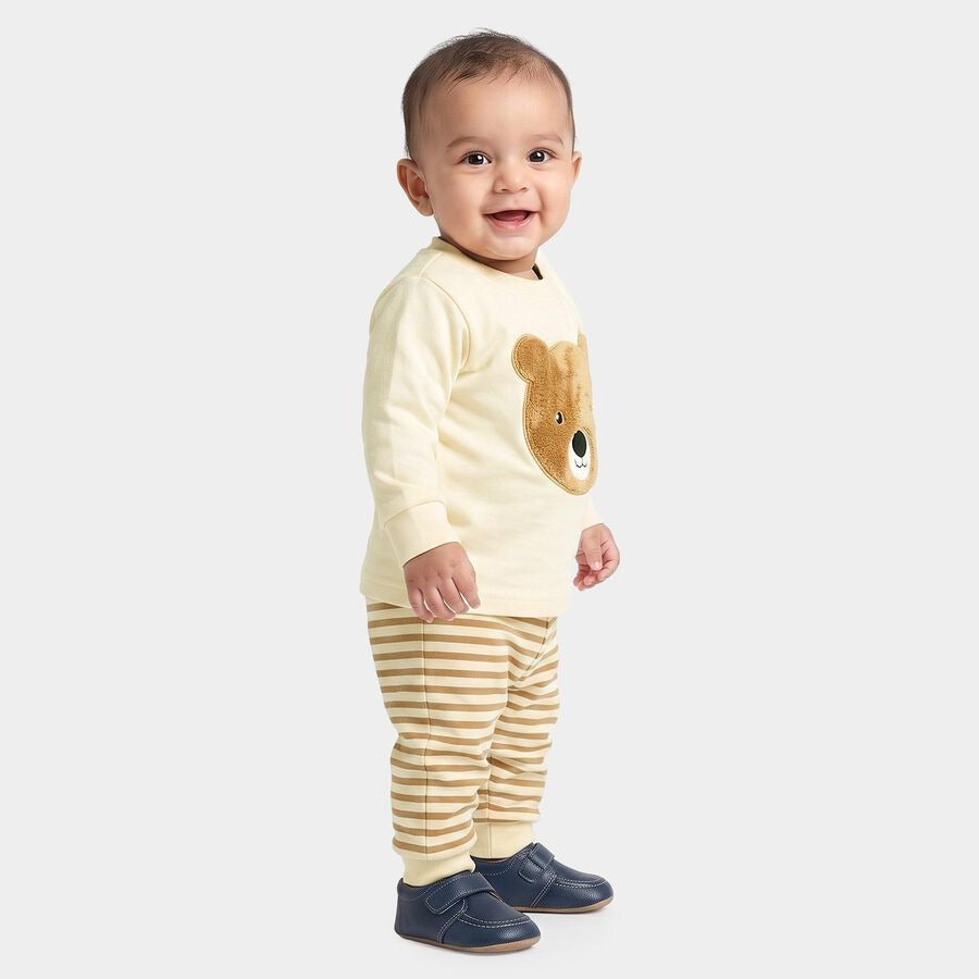 Beige 100% Cotton Round Neck Teddy Appliqué Baby Suit
