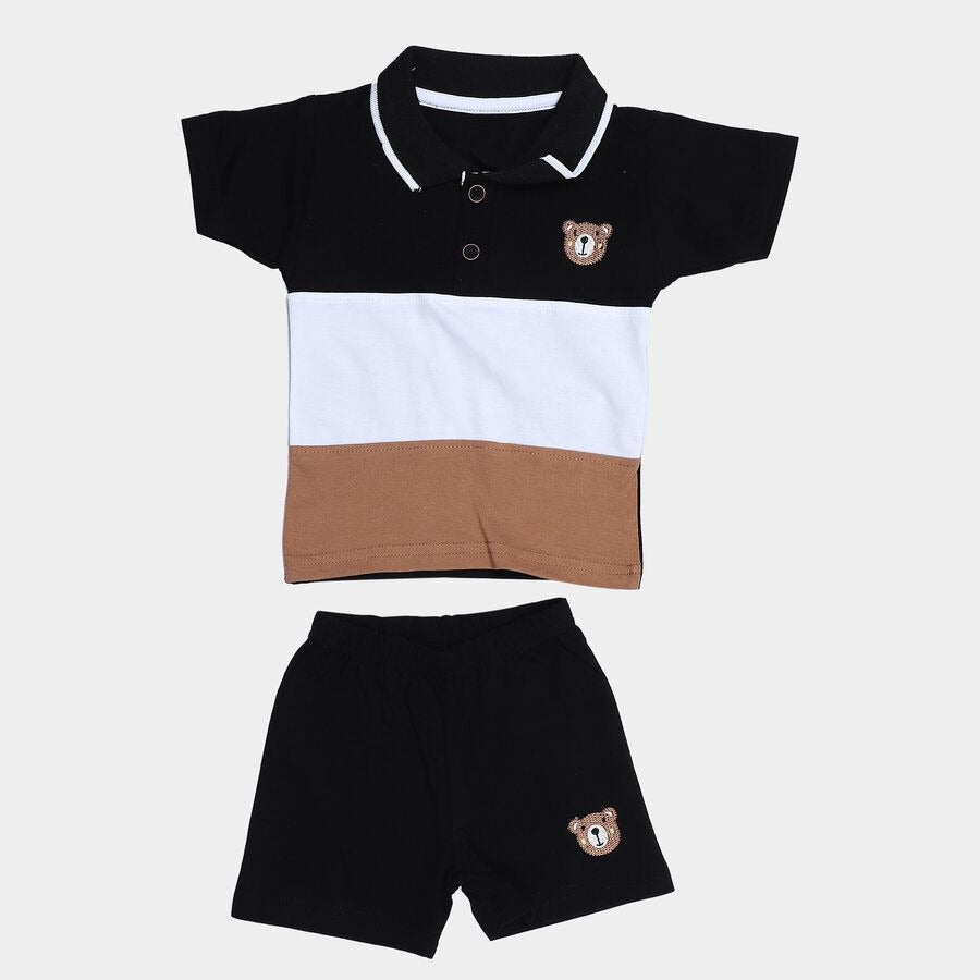 Black 100% Cotton Polo Neck Color block Baby Suit