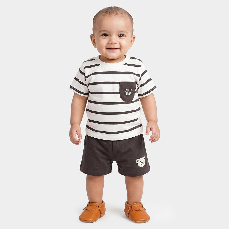 Infants' Charcoal 100% Cotton Round Neck Striped Baby Suit