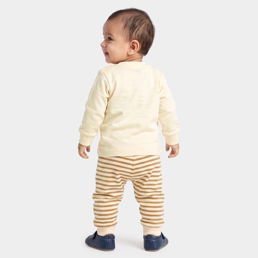 Beige 100% Cotton Round Neck Teddy Appliqué Baby Suit