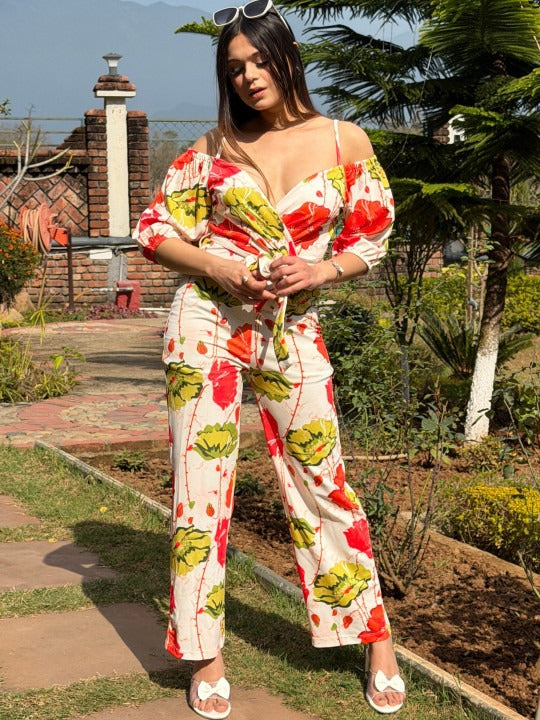 Cream-coloured and Red Printed Off-Shoulder Printed Basic Jumpsuit