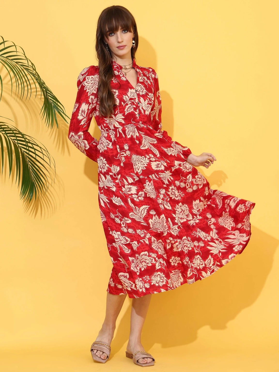Women Fit and Flare Red, White Below Knee Dress