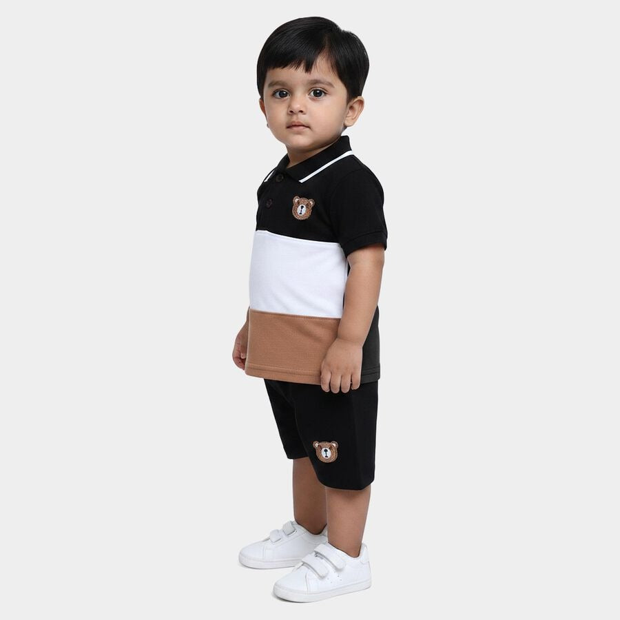 Black 100% Cotton Polo Neck Color block Baby Suit