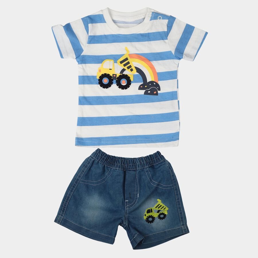 Infants' Light Blue 100% Cotton Round Neck Graphic Printed Baby Suit