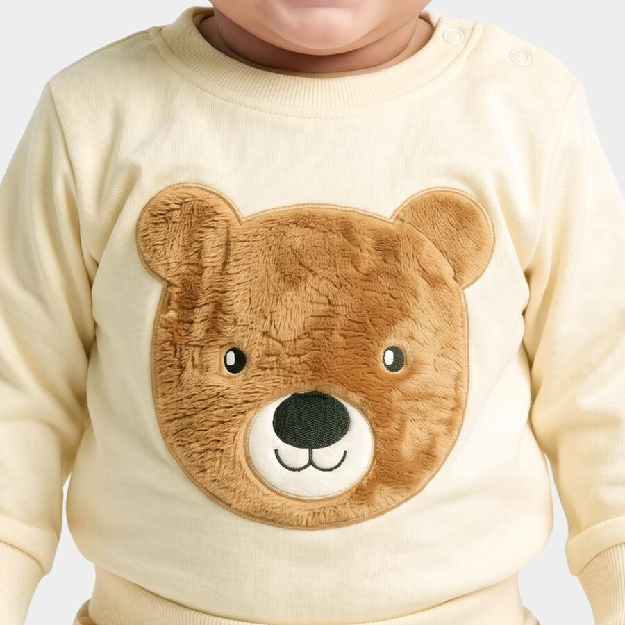 Beige 100% Cotton Round Neck Teddy Appliqué Baby Suit