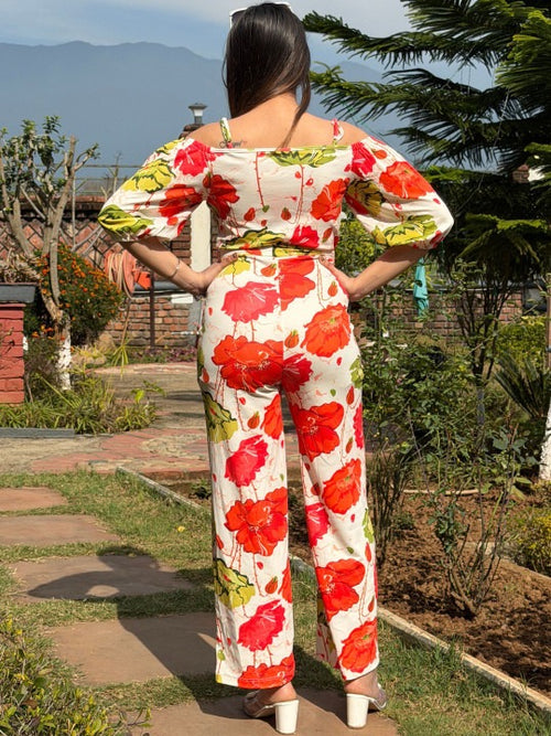 Cream-coloured and Red Printed Off-Shoulder Printed Basic Jumpsuit