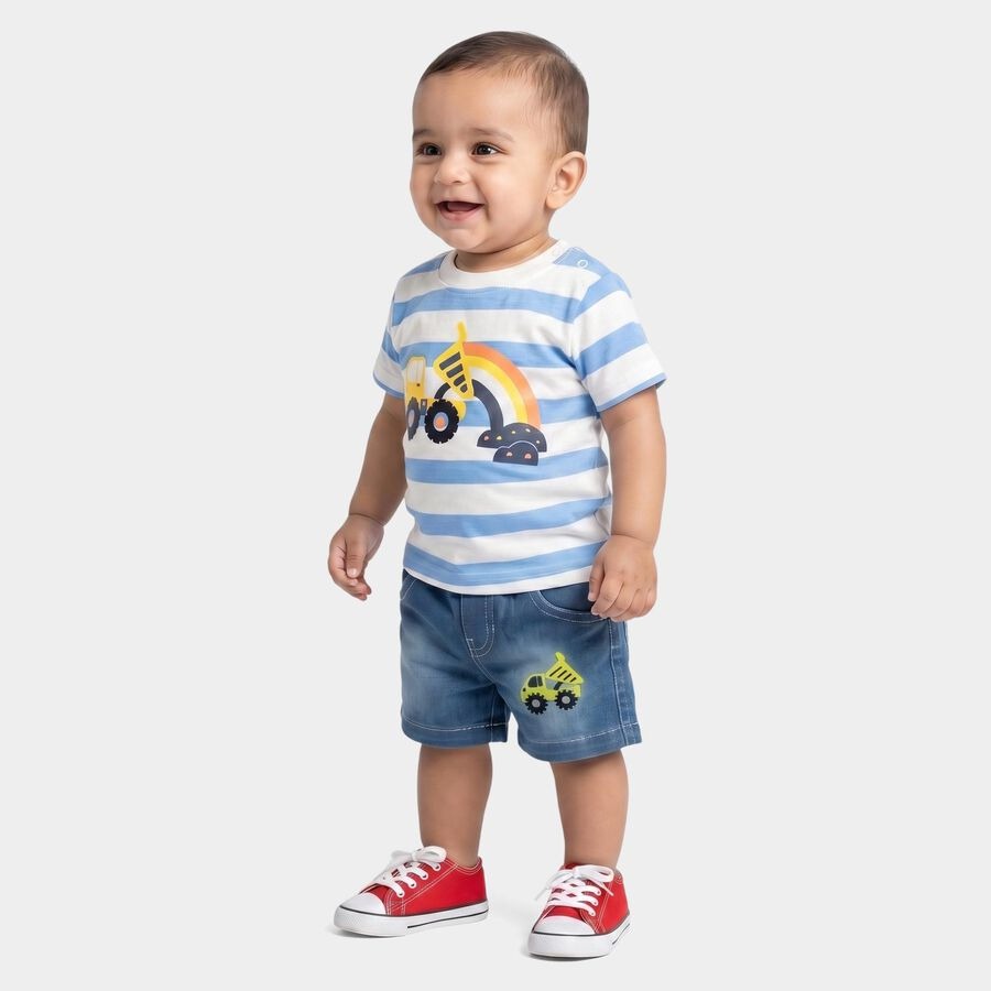 Infants' Light Blue 100% Cotton Round Neck Graphic Printed Baby Suit