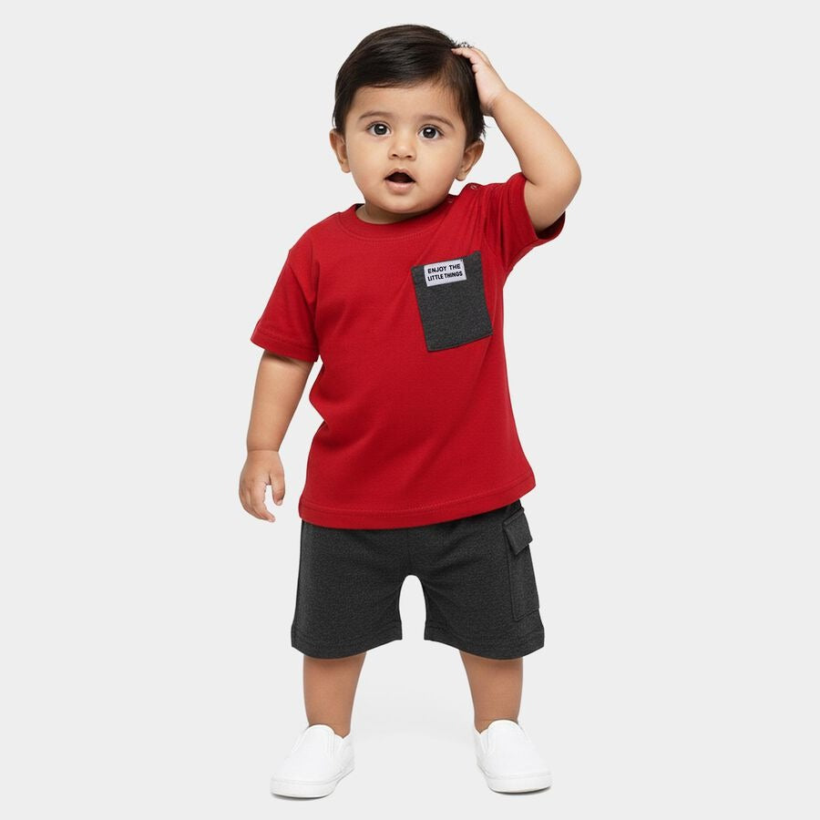 Infants' Red Round Neck Pocket Detailed Baby Suit