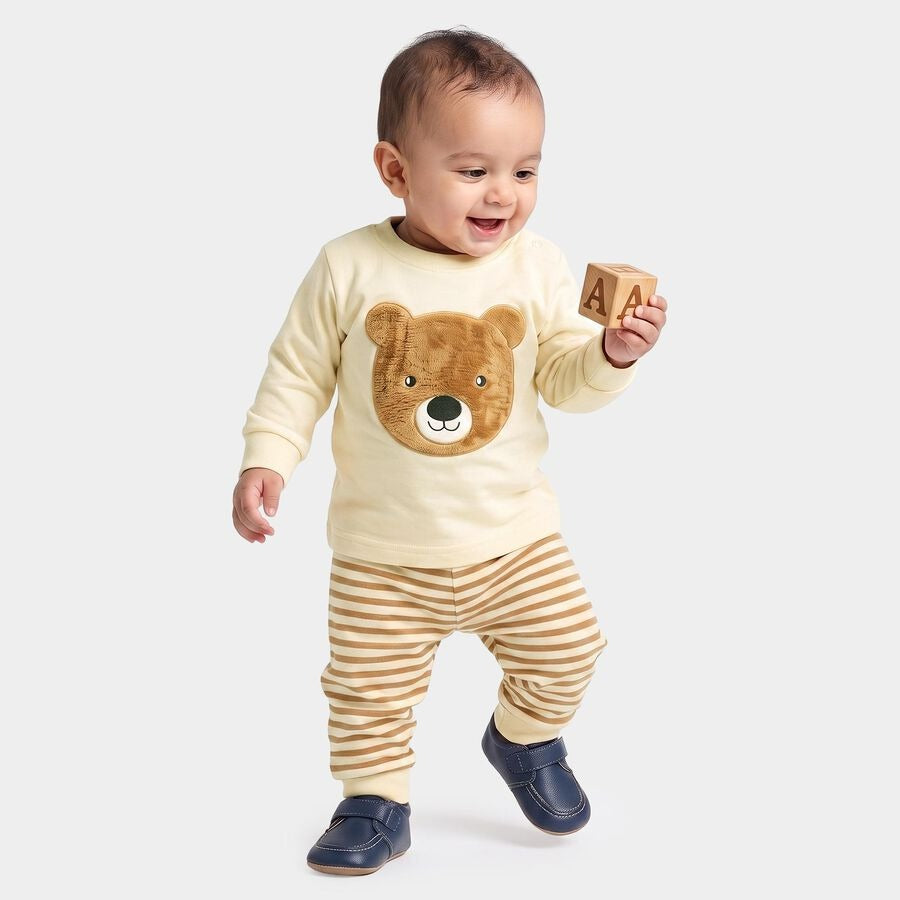 Beige 100% Cotton Round Neck Teddy Appliqué Baby Suit