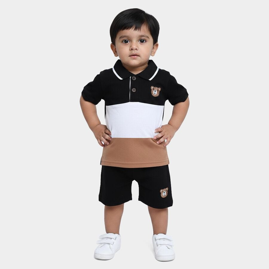 Black 100% Cotton Polo Neck Color block Baby Suit