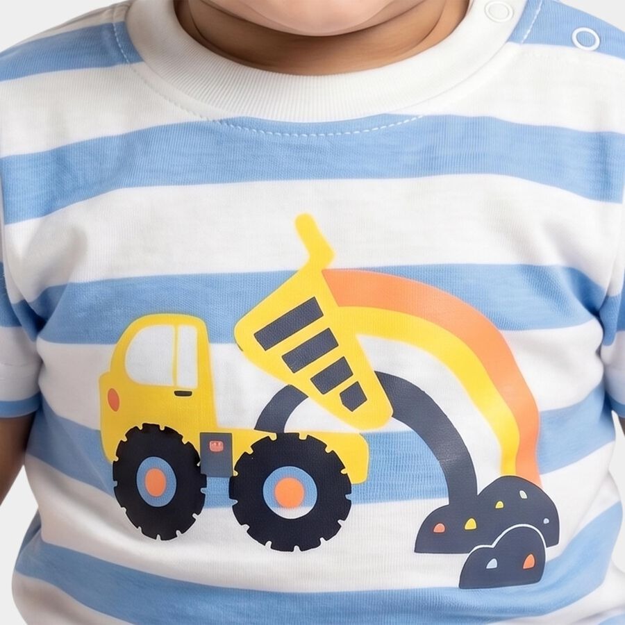 Infants' Light Blue 100% Cotton Round Neck Graphic Printed Baby Suit