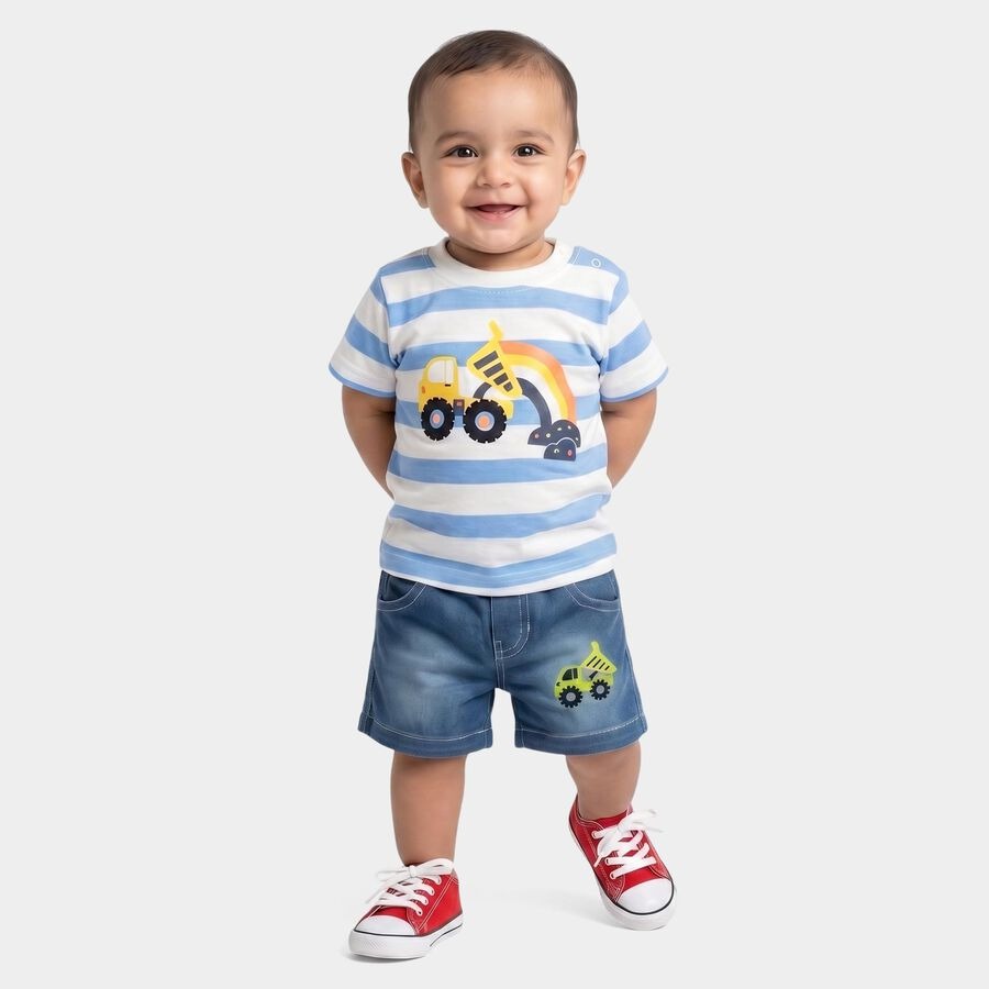 Infants' Light Blue 100% Cotton Round Neck Graphic Printed Baby Suit
