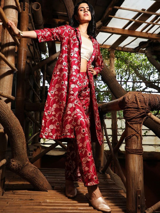 Red and gold Shoulder Straps Top with Trouser and Shrug