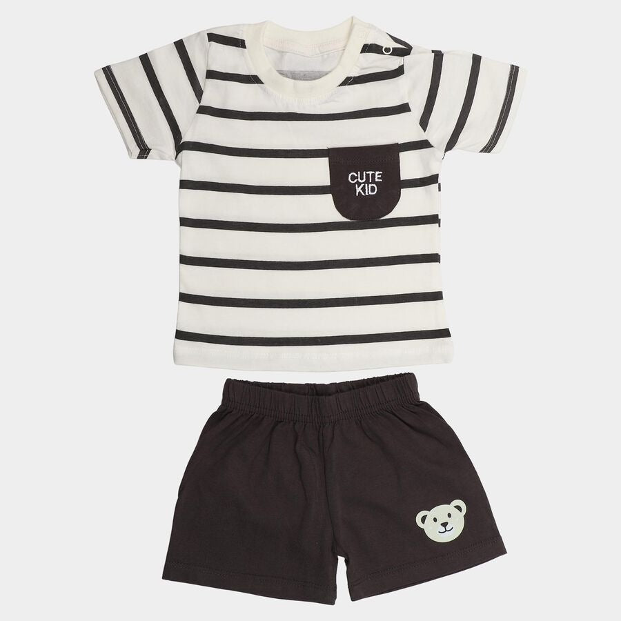 Infants' Charcoal 100% Cotton Round Neck Striped Baby Suit