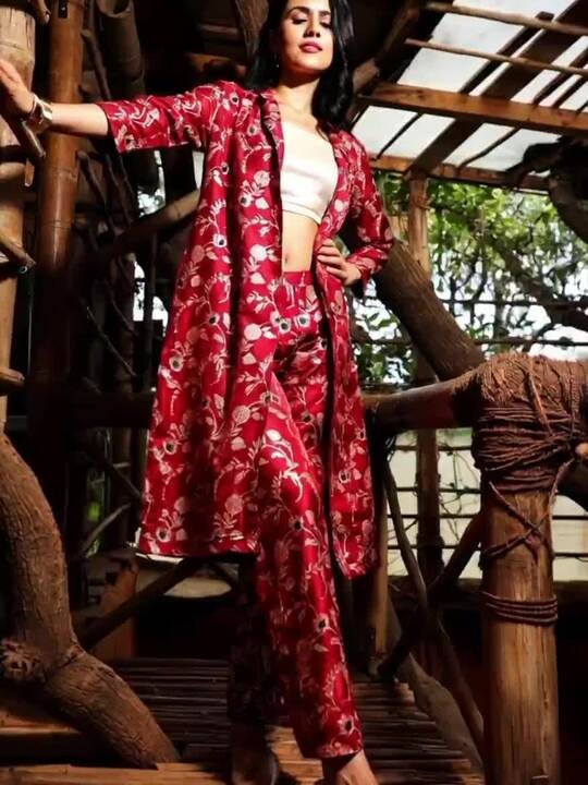 Red and gold Shoulder Straps Top with Trouser and Shrug