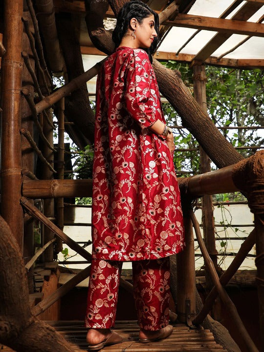 Red and gold Shoulder Straps Top with Trouser and Shrug