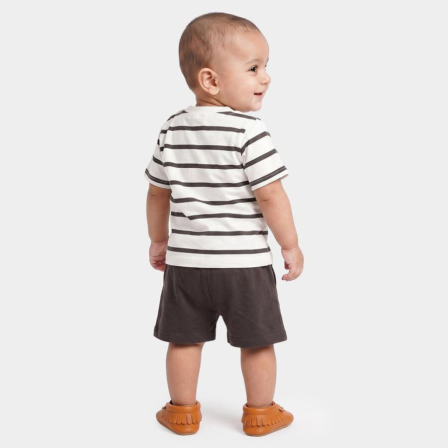 Infants' Charcoal 100% Cotton Round Neck Striped Baby Suit