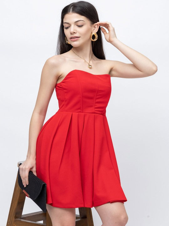 Women Red Solid Strapless Fit & Flare Party Dress