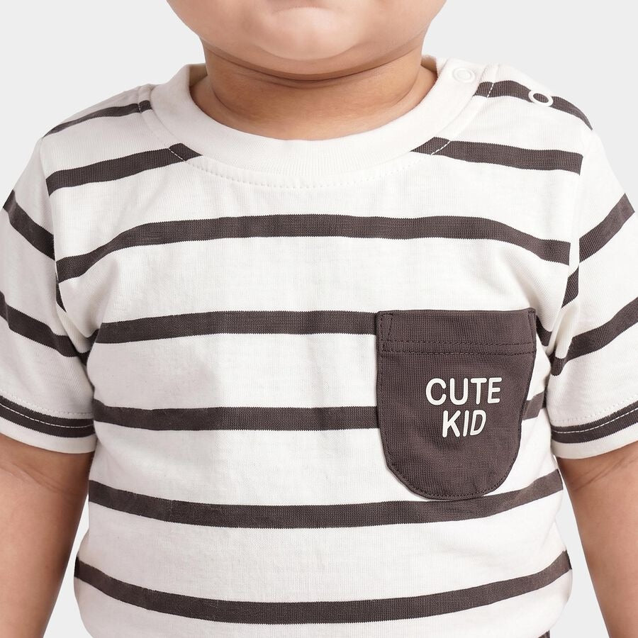 Infants' Charcoal 100% Cotton Round Neck Striped Baby Suit