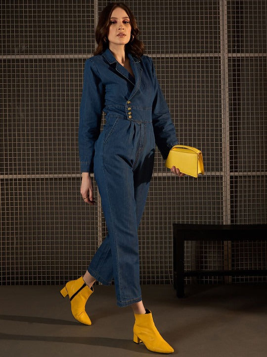 Women Shirt Collar Denim Basic Jumpsuit