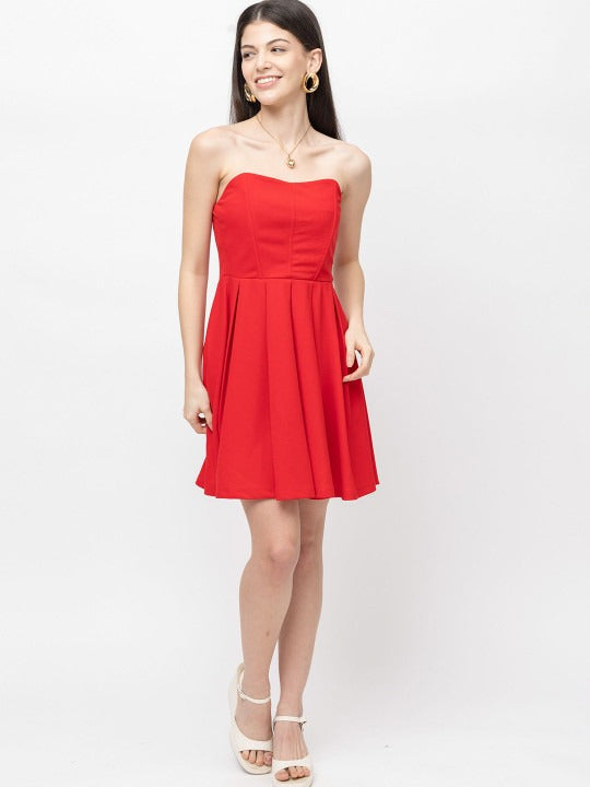 Women Red Solid Strapless Fit & Flare Party Dress