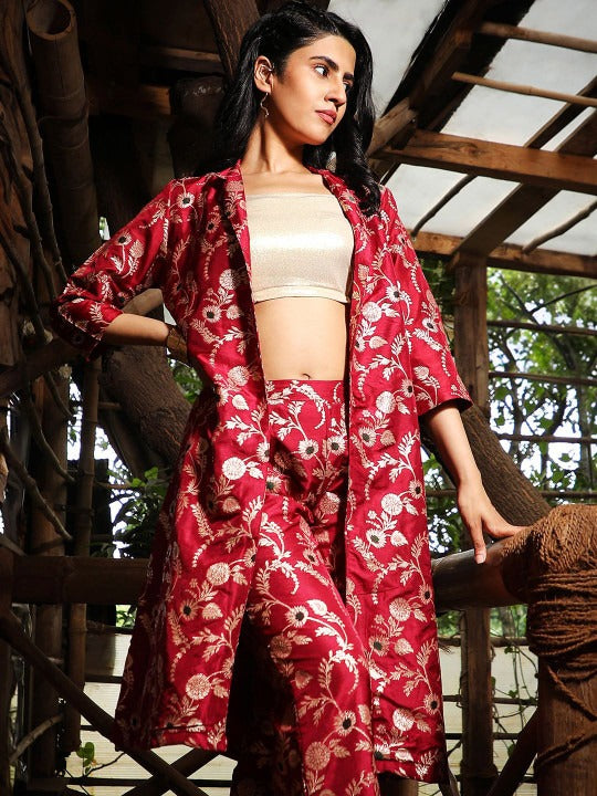 Red and gold Shoulder Straps Top with Trouser and Shrug