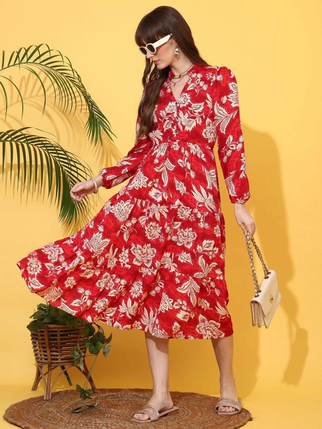 Women Fit and Flare Red, White Below Knee Dress